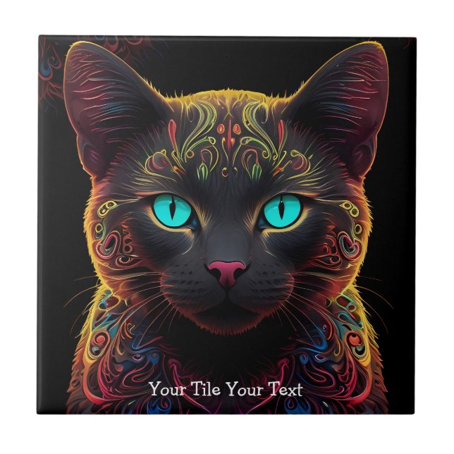 Mystic Neon Mandala Cat Psychedelic Feline Fantasy Tile (Front)