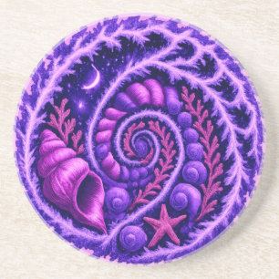 Mystic Ocean Spiral Galaxy Shell Art   Purple Cosm Coaster