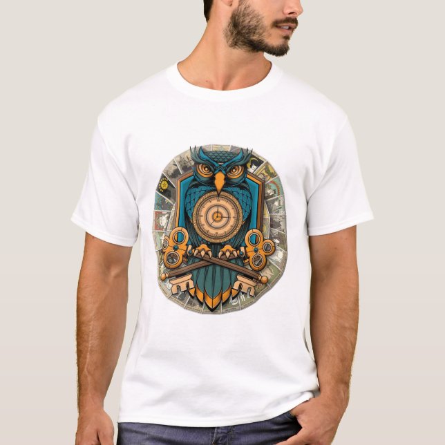 Mystic Owl with Keys and Golden Clock T-Shirt (Front)