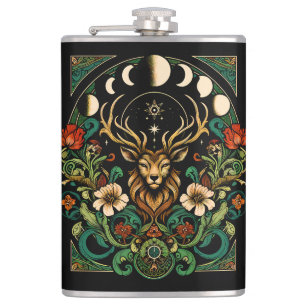 Mystic Pagan Stag and Moon Phase Hip Flask