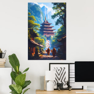 Mystic Pagoda Path at Sunrise Poster