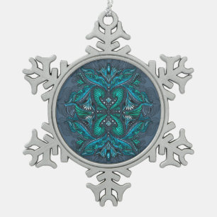 Mystic Peacock Feathers  Snowflake Pewter Christmas Ornament