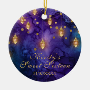 Mystic Purple Blue Fairy Lanterns Bokeh Sweet 16 Ceramic Tree Decoration