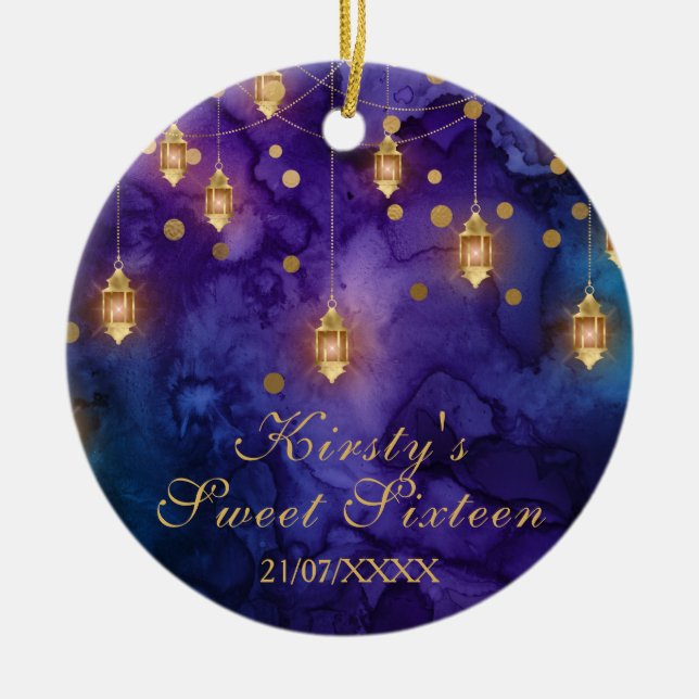 Mystic Purple Blue Fairy Lanterns Bokeh Sweet 16 Ceramic Tree Decoration (Front)