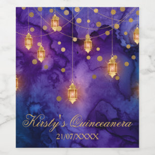 Mystic Purple Blue Lanterns Bokeh Quinceanera Wine Label