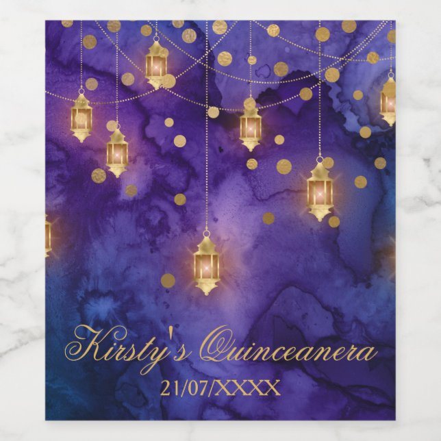 Mystic Purple Blue Lanterns Bokeh Quinceanera Wine Label (Single Label)