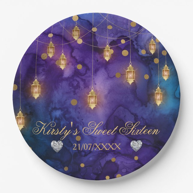 Mystic Purple Blue Lanterns & Gold Bokeh Sweet 16 Paper Plate (Front)
