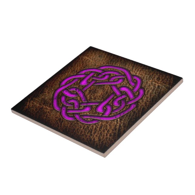 Mystic purple celtic knot on leather tile (Side)