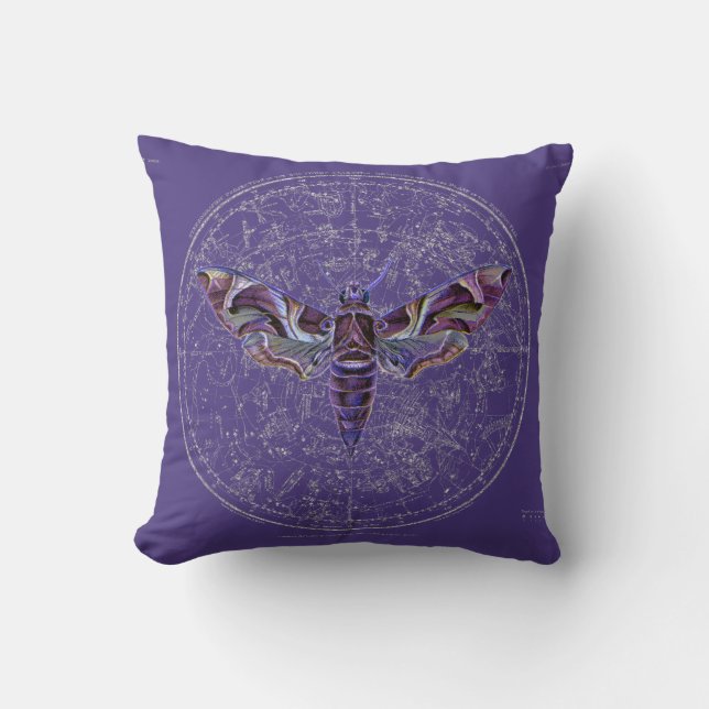 Mystic Purple Moth Over Star Map on Purple  Cushion (Front)