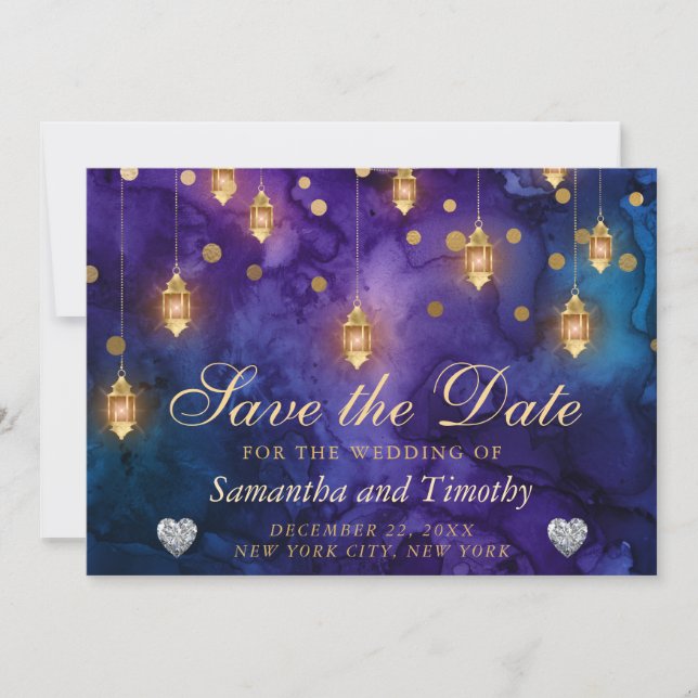 Mystic Purple Night Lanterns Bokeh Save The Date Invitation (Front)
