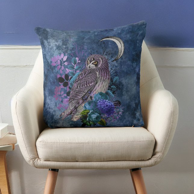 Mystic Purple Owl and Moon on Grayish Blue Cushion (Creator Uploaded)