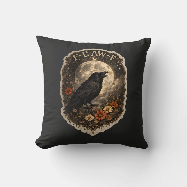 Mystic Raven Under Moon Dark Celestial Aesthetic Cushion (Front)