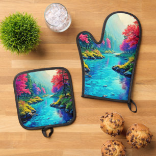 Mystic River Dreamy Forest Path Design Oven Mitt & Pot Holder Set