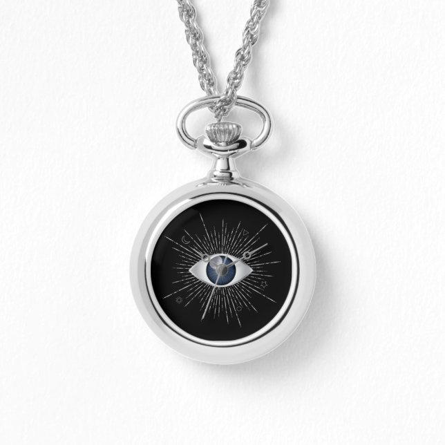 Mystic Silver & Blue Evil Eye Nazar Mati on Black Watch (Front)