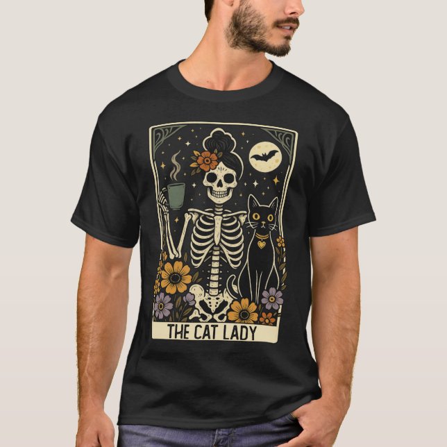 Mystic Skeleton The Cat Lady With Coffee T-Shirt (Front)
