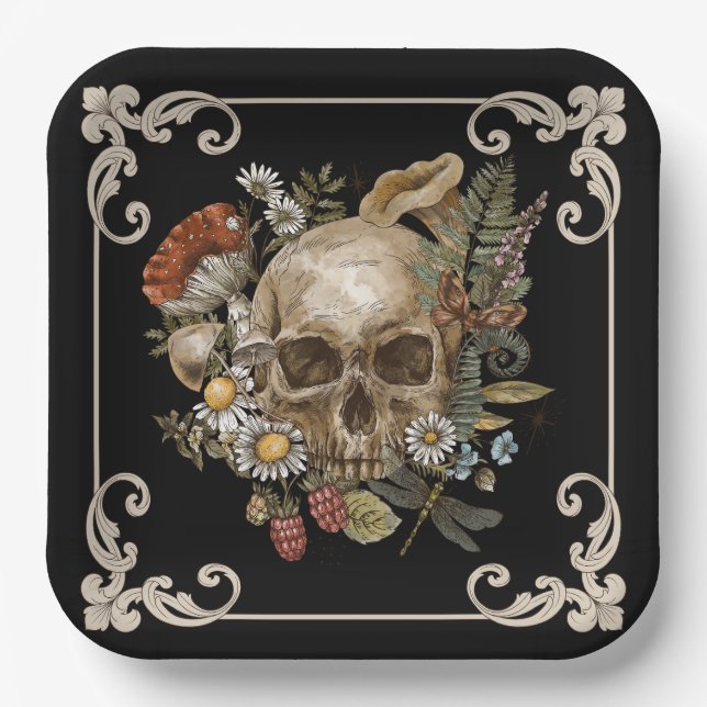 Mystic Skull Vintage Black Paper Plate (Front)