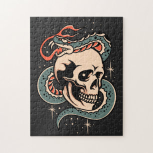 Mystic Snake Skull Illustration Gothic Cool Black  Jigsaw Puzzle