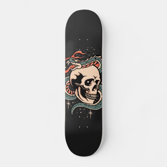 Mystic Snake Skull Illustration Gothic Cool Black Skateboard (Front)