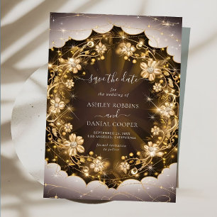 Mystic Sparkles and Golden Floral Save The Date Invitation