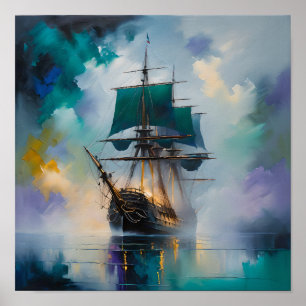 Mystic Tall Ship in Fog – Dreamlike Nautical Paint Poster