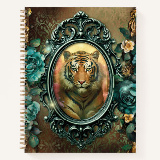 Mystic Tiger in Ornate Frame with Green Roses Notebook
