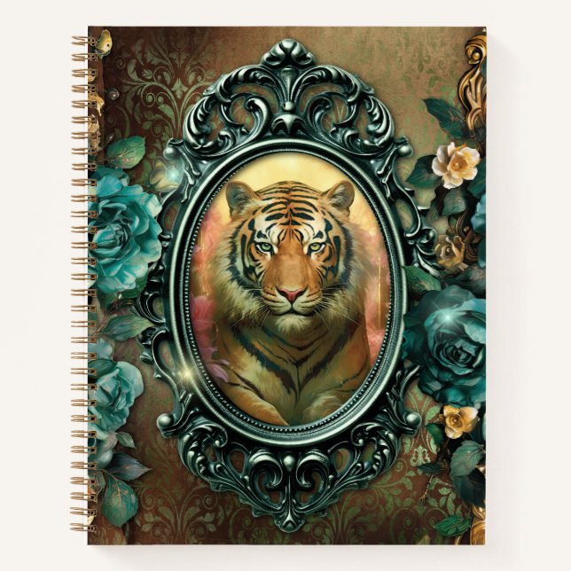 Mystic Tiger in Ornate Frame with Green Roses Notebook (Front)