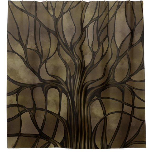Mystic Tree of Life Mosaic Golden Sepia Shower Curtain (Front)