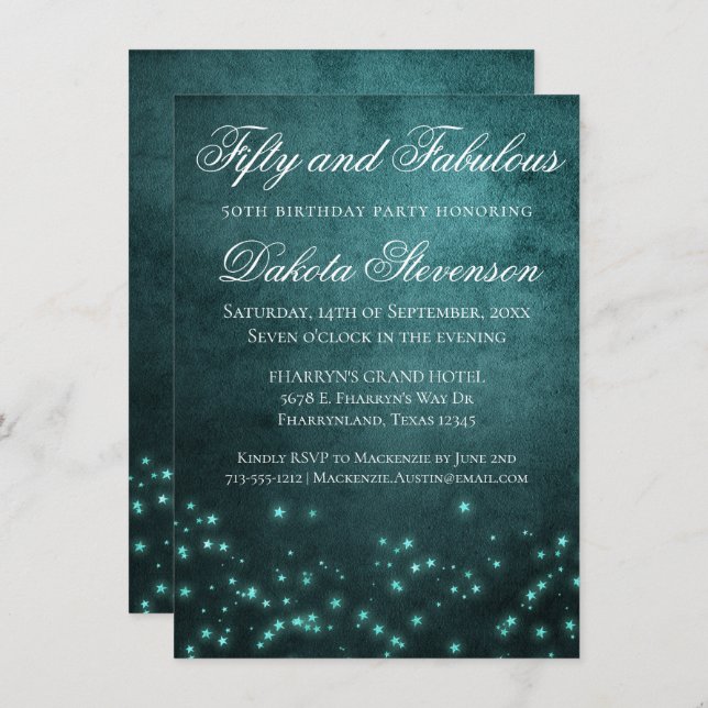Mystic Twilight Stars | Deep Teal Glow Fabulous 50 Invitation (Front/Back)