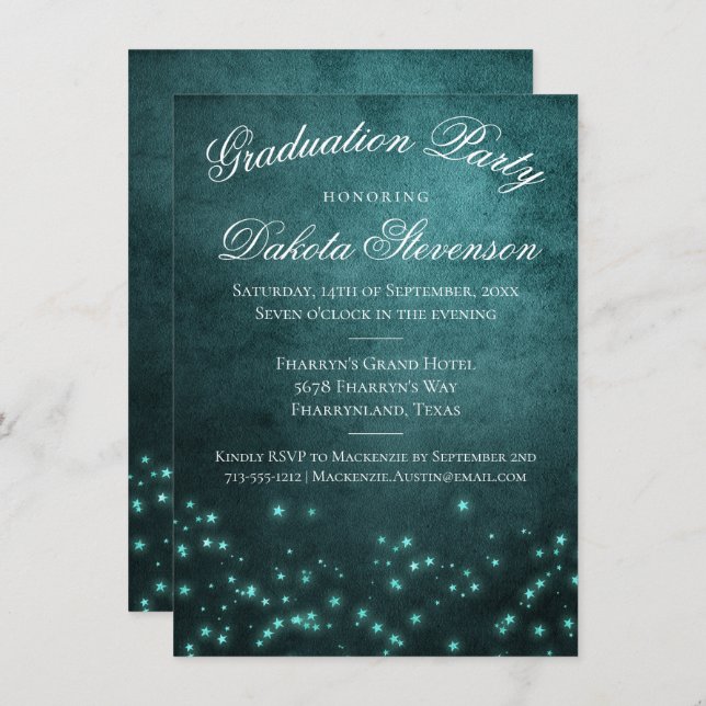 Mystic Twilight Stars | Deep Teal Glow Graduation Invitation (Front/Back)