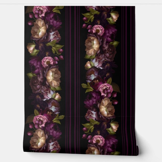 Mystic Victorian Dark Flower Garden With Stripes Wallpaper (Unrolling)