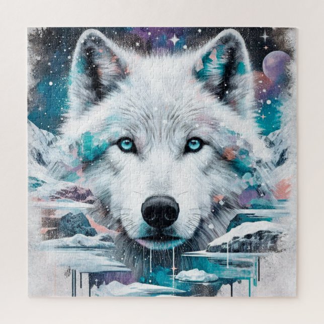 Mystic White Wolf in Frozen Galaxy Jigsaw Puzzle (Vertical)