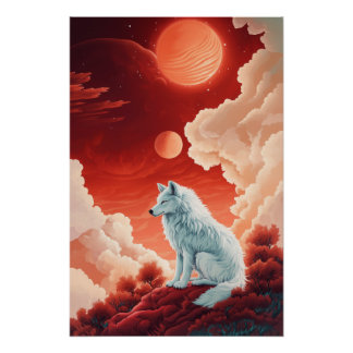 Mystic White Wolf under Red Poster