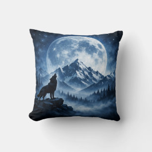 Mystic Wilderness Wolf Under Moon Throw Pillow