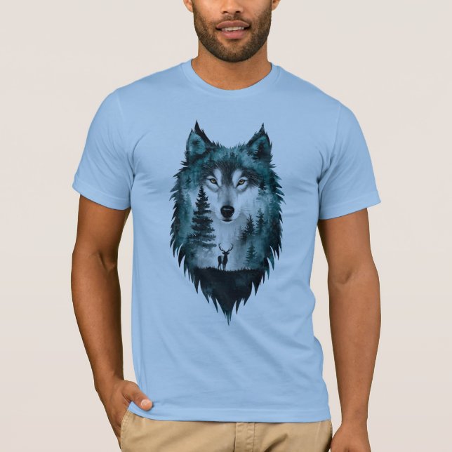 Mystic Wolf Forest Double Exposure T-Shirt (Front)