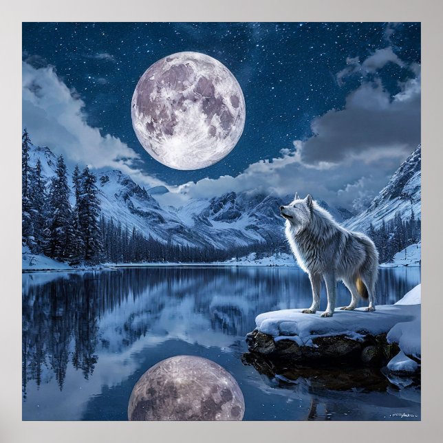 🌕 Mystic Wolf Howling Moon Night Sky Forest Art Poster (Front)