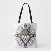 Mystic Wolf Mandala Moon Phases Boho Tote Bag
