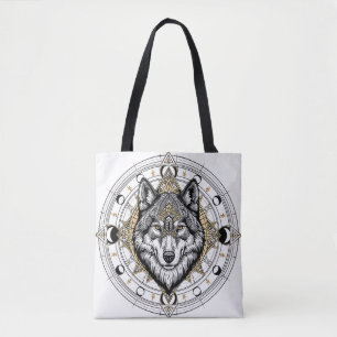 Mystic Wolf Mandala Moon Phases Boho Tote Bag