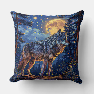 Mystic Wolf Under Moon 🌕🐺 Enchanted Forest Night Cushion