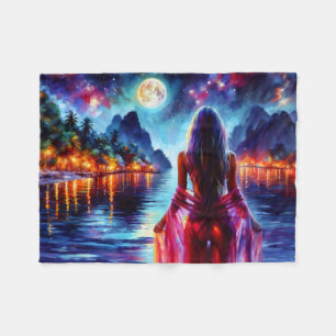 Mystic woman under full moon reflections art fleece blanket
