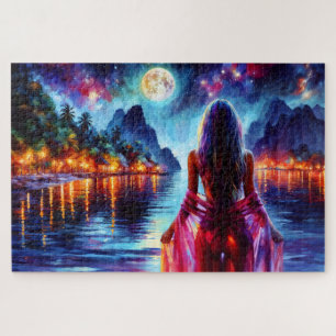 Mystic woman under full moon reflections art jigsaw puzzle