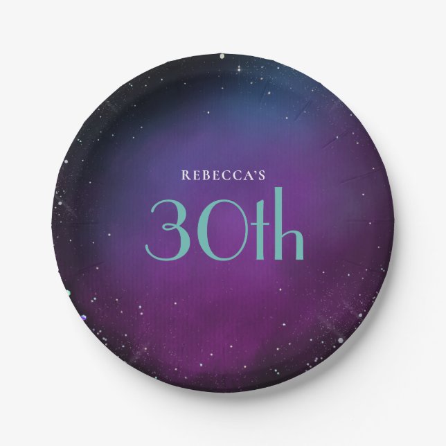 Mystical 30th Birthday Party Purple Name Paper Plate (Front)