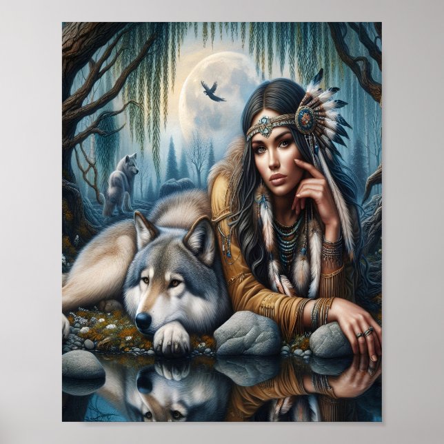 Mystical A Native American Woman With Wolves 10x8 Poster (Front)