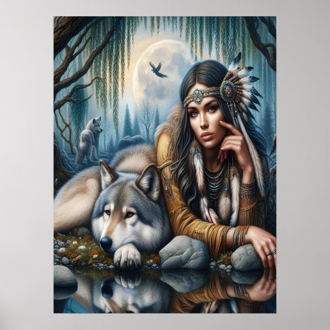 Mystical A Native American Woman With Wolves 18x24 Poster (Front)