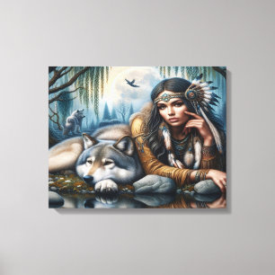 Mystical A Native American Woman With Wolves 20x16 Canvas Print
