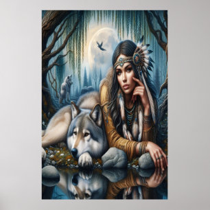Mystical A Native American Woman With Wolves 24x36 Poster