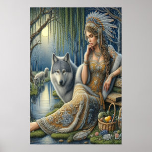 Mystical A Native American Woman With Wolves 24x36 Poster