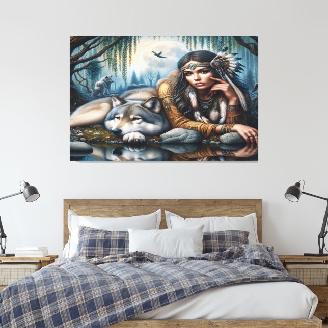 Mystical A Native American Woman With Wolves 36x24 Canvas Print (Insitu(Bedroom))