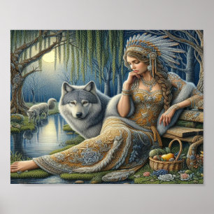 Mystical A Native American Woman With Wolves  8x10 Poster