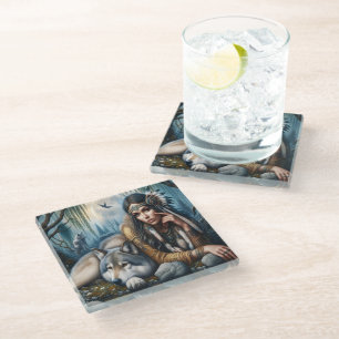 Mystical A Native American Woman With Wolves Glass Coaster