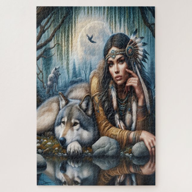 Mystical A Native American Woman With Wolves  Jigsaw Puzzle (Vertical)